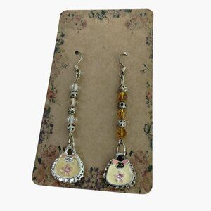 Daisy Purse Drop Earrings Floral Pocketbook Yellow Pink Bohemian Unique